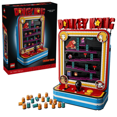 LEGO Super Mario Donkey Kong Arcade 72051 box beside the completed arcade model and orange barrels