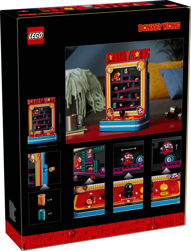 Back of the LEGO Super Mario Donkey Kong Arcade 72051 box showing the completed model and feature panels