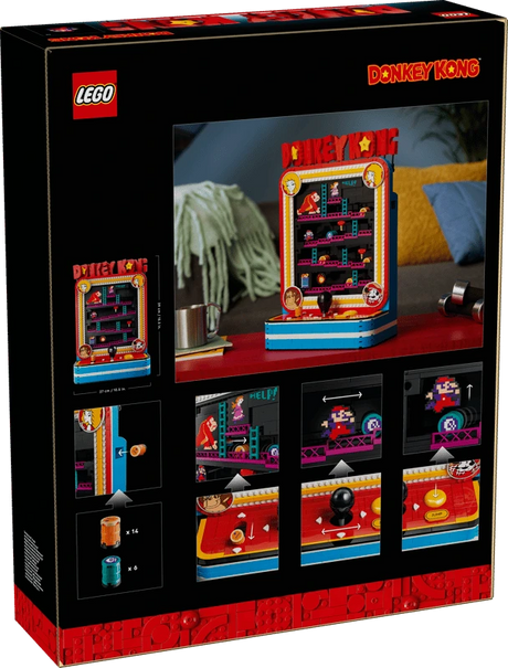 Back of the LEGO Super Mario Donkey Kong Arcade 72051 box showing the completed model and feature panels