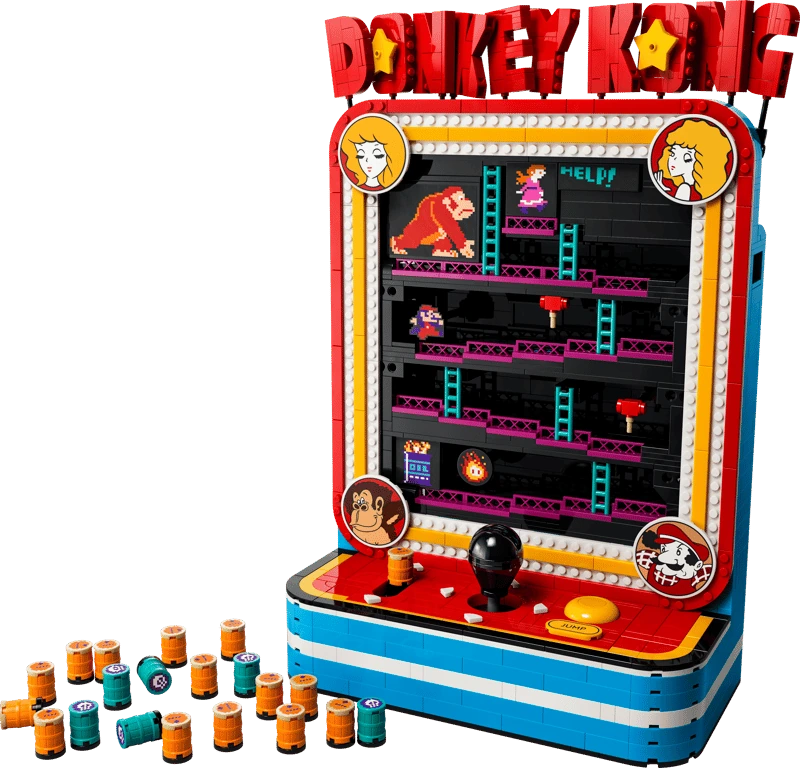 Completed LEGO Super Mario Donkey Kong Arcade 72051 model with orange barrels arranged in front