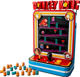 Completed LEGO Super Mario Donkey Kong Arcade 72051 model with orange barrels arranged in front