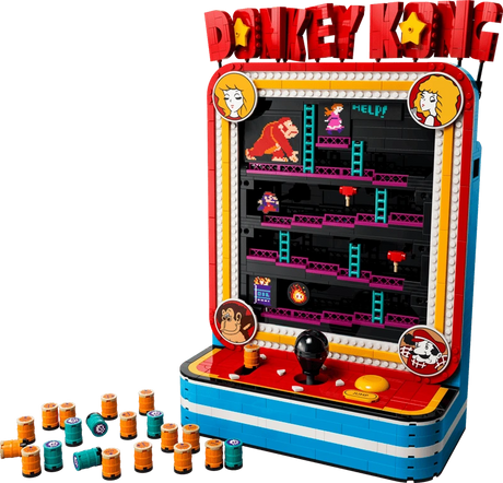 Completed LEGO Super Mario Donkey Kong Arcade 72051 model with orange barrels arranged in front