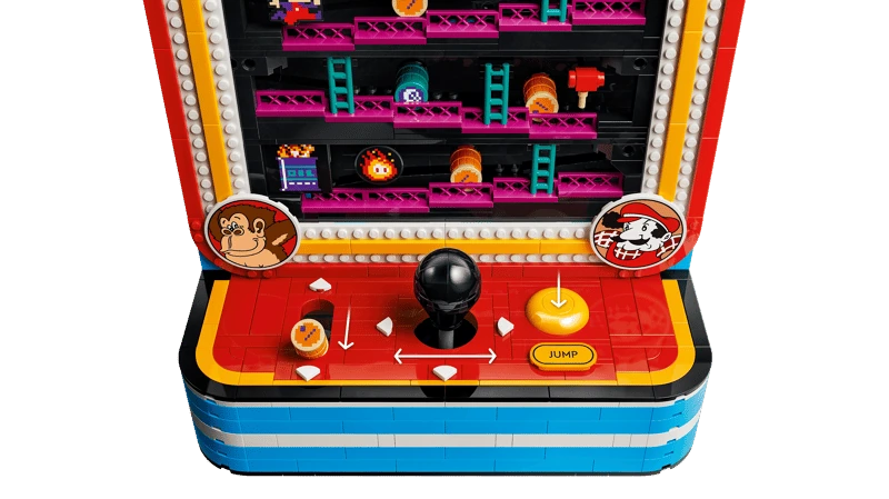 LEGO Super Mario Donkey Kong Arcade 72051 control panel with joystick, buttons, arrows and barrel graphic