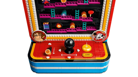 LEGO Super Mario Donkey Kong Arcade 72051 control panel with joystick, buttons, arrows and barrel graphic