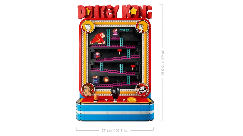 LEGO Super Mario Donkey Kong Arcade 72051 model with height, width and depth measurements