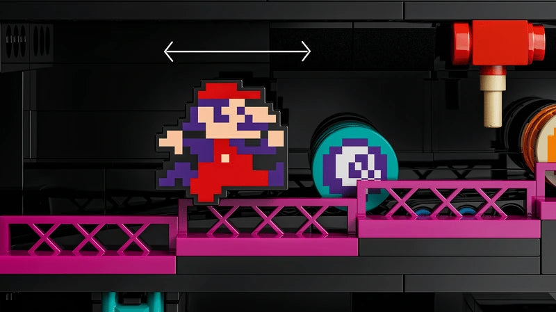 LEGO Super Mario Donkey Kong Arcade 72051 pixel Jumpman figure beside a barrel with a horizontal arrow and hammer