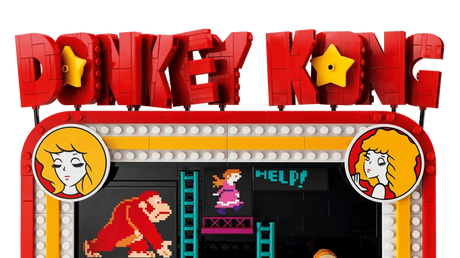 Close-up of the LEGO Super Mario Donkey Kong Arcade 72051 marquee and Lady character portraits
