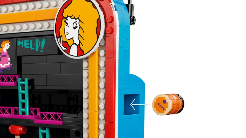 Side of the LEGO Super Mario Donkey Kong Arcade 72051 model showing the orange control and left arrow