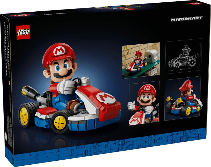 Back of the LEGO Mario & Standard Kart box showing the completed model, close views of Mario and the kart, and a shelf display scene