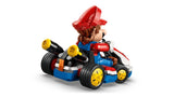 Rear three quarter view of Mario seated in the LEGO Standard Kart with yellow wheels, black exhaust pipes and red rear spoiler