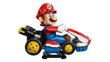 Side view of Mario seated in the LEGO Standard Kart with the black display stand beneath the vehicle