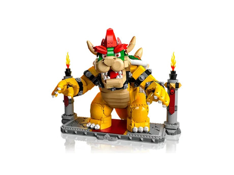 Built LEGO Mighty Bowser displayed on the battle platform with fire elements and detailed shaping