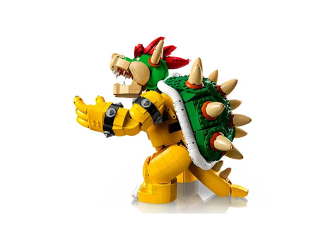 Side angle of the LEGO Mighty Bowser showing the shell, spikes, tail and articulated body parts