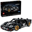 LEGO Technic 1966 Ford GT40 MKII race car model displayed beside the product box, featuring black bodywork, silver racing stripes, and gold wheels
