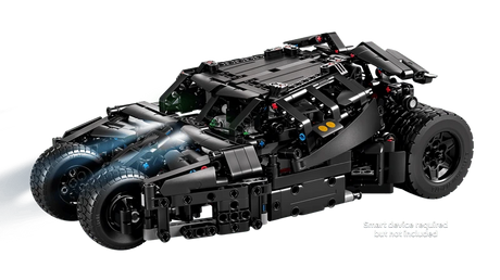 Front three quarter view of the LEGO Technic Batmobile Tumbler 42239 with a blue light effect across the front