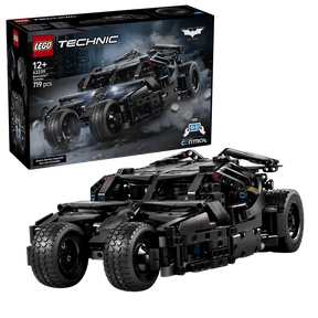 LEGO Technic Batmobile Tumbler 42239 box beside the completed black vehicle model