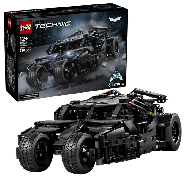LEGO Technic Batmobile Tumbler 42239 box beside the completed black vehicle model
