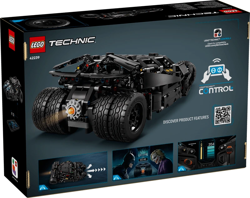 Back of the LEGO Technic Batmobile Tumbler 42239 box showing the completed model and CONTROL+ app feature panels