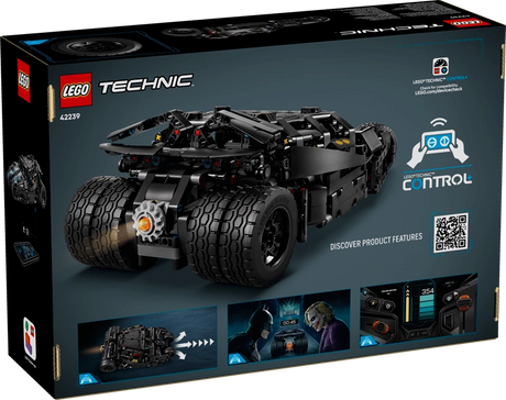 Back of the LEGO Technic Batmobile Tumbler 42239 box showing the completed model and CONTROL+ app feature panels