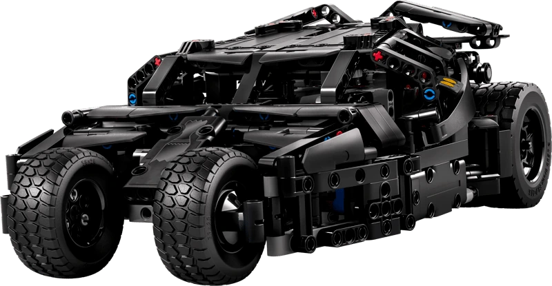 Front three quarter view of the black LEGO Technic Batmobile Tumbler 42239 with four front wheels