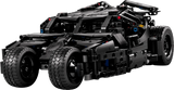 Front three quarter view of the black LEGO Technic Batmobile Tumbler 42239 with four front wheels