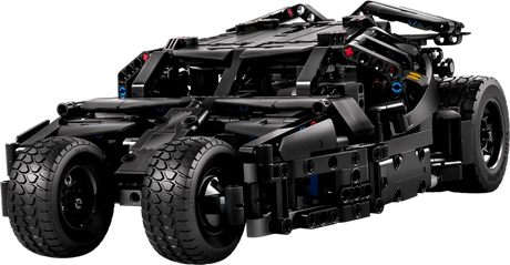 Front three quarter view of the black LEGO Technic Batmobile Tumbler 42239 with four front wheels