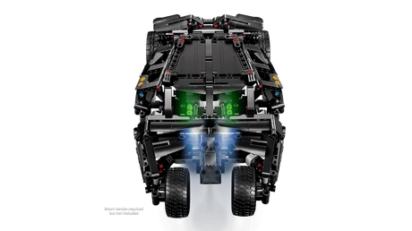 Overhead view of the LEGO Technic Batmobile Tumbler 42239 with green and blue light effects