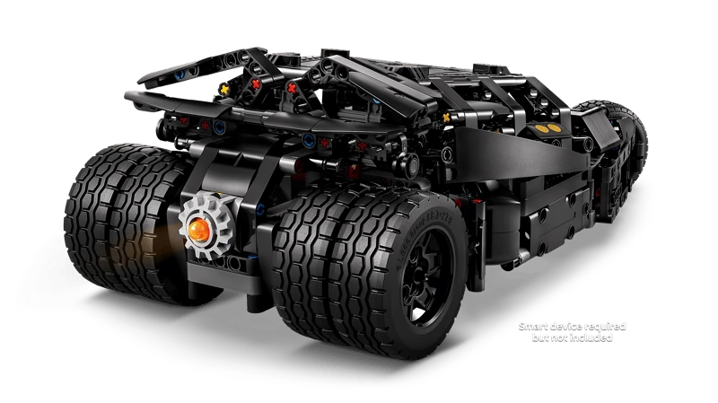 Rear three quarter view of the LEGO Technic Batmobile Tumbler 42239 showing the twin rear wheels and orange centre light