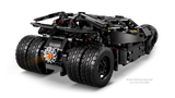 Rear three quarter view of the LEGO Technic Batmobile Tumbler 42239 showing the twin rear wheels and orange centre light