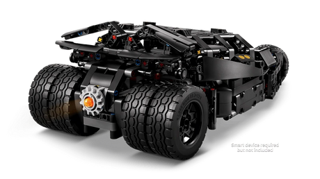 Rear three quarter view of the LEGO Technic Batmobile Tumbler 42239 showing the twin rear wheels and orange centre light