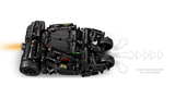 Top view of the LEGO Technic Batmobile Tumbler 42239 with arrows showing front wheel movement and forward motion