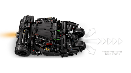 Top view of the LEGO Technic Batmobile Tumbler 42239 with arrows showing front wheel movement and forward motion