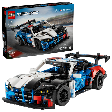 LEGO Technic BMW M4 GT3 EVO Race Car 42226 with retail box behind displaying set number 42226 and Asphalt Legends branding