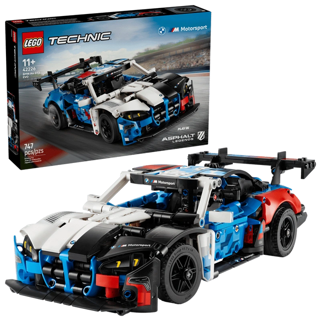LEGO Technic BMW M4 GT3 EVO Race Car 42226 with retail box behind displaying set number 42226 and Asphalt Legends branding