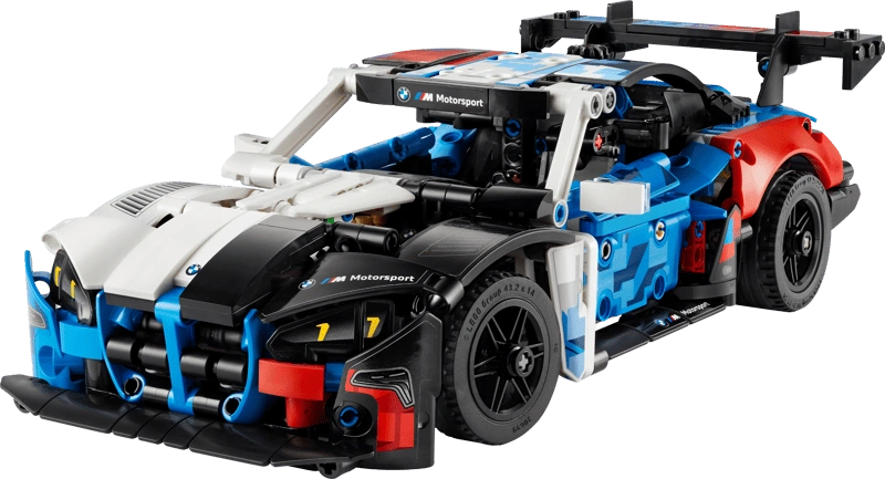 LEGO Technic BMW M4 GT3 EVO Race Car 42226 front angled view showing blue, white and red BMW Motorsport livery and detailed front bumper