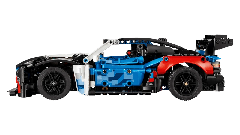 LEGO Technic BMW M4 GT3 EVO Race Car 42226 side profile showing 6 cylinder engine area, racing wheels and large rear wing