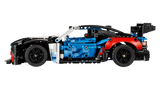 LEGO Technic BMW M4 GT3 EVO Race Car 42226 side profile showing 6 cylinder engine area, racing wheels and large rear wing