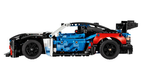 LEGO Technic BMW M4 GT3 EVO Race Car 42226 side profile showing 6 cylinder engine area, racing wheels and large rear wing