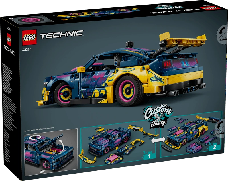 Back of the LEGO Technic Custom Garage Ford Mustang GT Car 42236 box showing the completed car and custom bodywork options