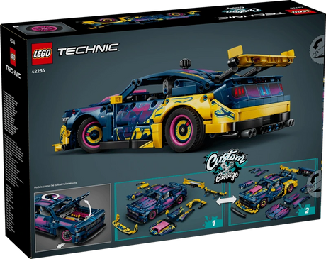 Back of the LEGO Technic Custom Garage Ford Mustang GT Car 42236 box showing the completed car and custom bodywork options