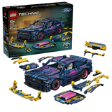 LEGO Technic Custom Garage Ford Mustang GT Car 42236 box beside the completed car and interchangeable bodywork parts