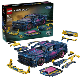 LEGO Technic Custom Garage Ford Mustang GT Car 42236 box beside the completed car and interchangeable bodywork parts