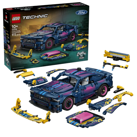 LEGO Technic Custom Garage Ford Mustang GT Car 42236 box beside the completed car and interchangeable bodywork parts