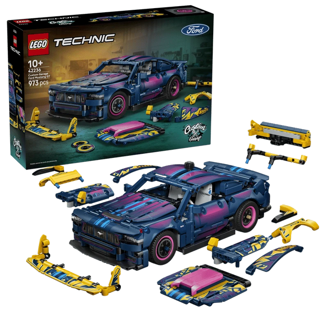 LEGO Technic Custom Garage Ford Mustang GT Car 42236 box beside the completed car and interchangeable bodywork parts