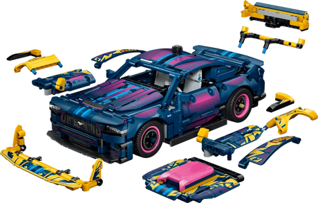 Front three quarter view of the LEGO Technic Custom Garage Ford Mustang GT Car 42236 with detached bodywork parts arranged around it