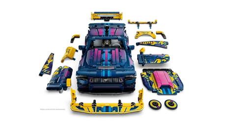 Front view of the LEGO Technic Custom Garage Ford Mustang GT Car 42236 with removable panels, wheels and spoilers arranged beside it