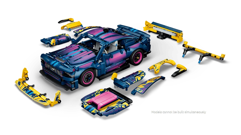 High angle left view of the LEGO Technic Custom Garage Ford Mustang GT Car 42236 surrounded by detached custom bodywork