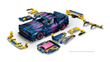 High angle left view of the LEGO Technic Custom Garage Ford Mustang GT Car 42236 surrounded by detached custom bodywork