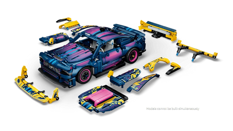 High angle left view of the LEGO Technic Custom Garage Ford Mustang GT Car 42236 surrounded by detached custom bodywork