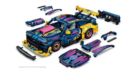 High angle right view of the LEGO Technic Custom Garage Ford Mustang GT Car 42236 with removable panels and spoilers